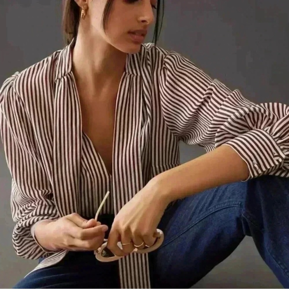 MAEVE ANTHROPOLOGIE STRIPED BLOUSE WITH COLLAR TIE DETAILING